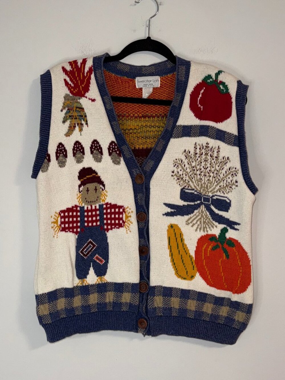 VTG 90s Sweater Loft Novelty Fall Harvest Button Vest Sz L